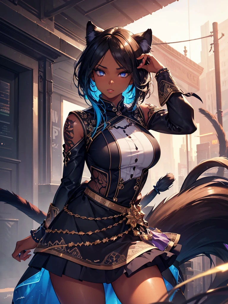 8k_wallpaper, extremely detailed eyes, extremely detailed body, (large masterpiece digital art), (detailed manga illustration), (detailed line art), ((perfect anatomy)), (intricate details:1.3), (ultra-detailed:1.3), (illustration:1.3), (sharp focus:1.3), (natural lighting:1.05), (vivid colors:1.3), (masterpiece), (best quality:1.4), (perfect anatomy:1.4), high quality, expressive eyes, full body, detailed face, beautiful face, perfect face, 1girl, dark skin, animal ears, black sclera, smile, colored sclera, breasts, solo, monster girl, black hair, (wolf ears), large breasts, curvy, wide hips, long hair, ((gold eyes)), claws, grin, fur, looking at viewer, collar, dynamic pose, tail, wolf tail, dragon horns, wings, sadistic smile, hair over eye, {regal outfit}, tiny top hat, (hellscape background), blue fire, curvy, china dress, dark skin,
