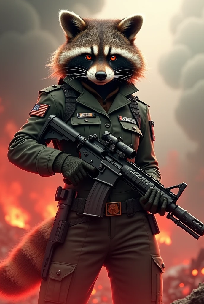 A female raccoon with fiery eyes dressed in a female military uniform in a doomsday war setting holding a powerful machine gun while exuding a red-colored aura of power