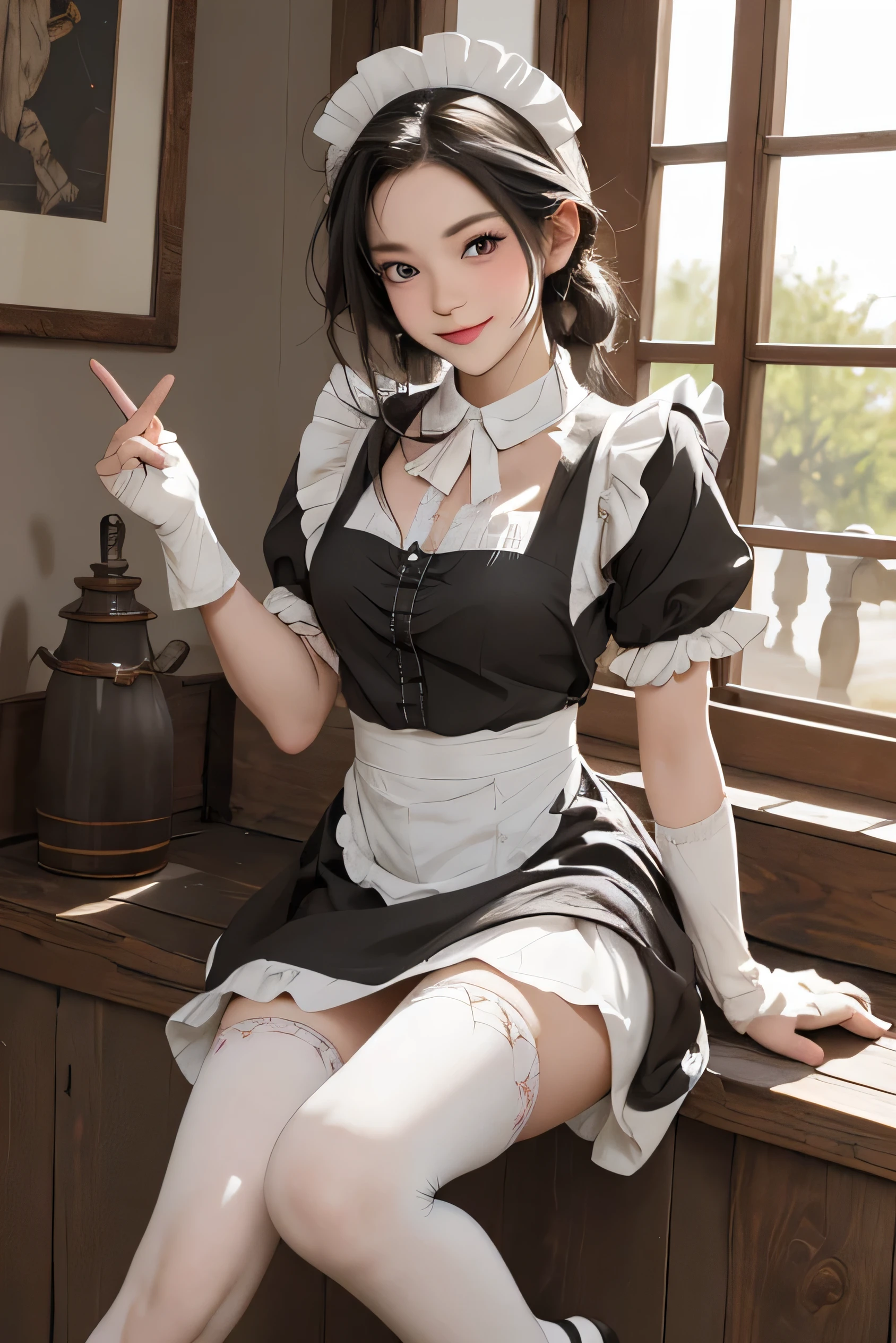 One person, alone, A light smile, Cowboy Shot, Ram, Roswaal Mansion maid outfit, White knee socks, Maid&#39;s Headdress, Hair on one eye, Eyes visible through hair, with own hands, market, Medieval, Holding a basket