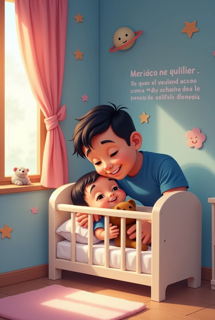 children's room with soft tones and a cozy atmosphere. On the left, a dad with his son, the dad with short dark hair, dressed in a blue t-shirt, is leaning towards a white crib, looking at the son is a small baby. The boy, who has dark hair and big eyes, is inside the crib, smiling and holding a brown stuffed bear in his hands.
In the background, the room has walls decorated with a night sky design, including stars, planets, and soft clouds in pastel tones. There is a window with pink curtains on the left, letting in daylight, illuminating the room warmly and softly. To the right of the image, there is text in Spanish that describes a story or poem about childhood adventures and dreams. The room is tidy and conveys a feeling of tranquility and security.