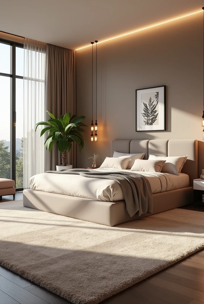 A stylish bedroom with a large rug