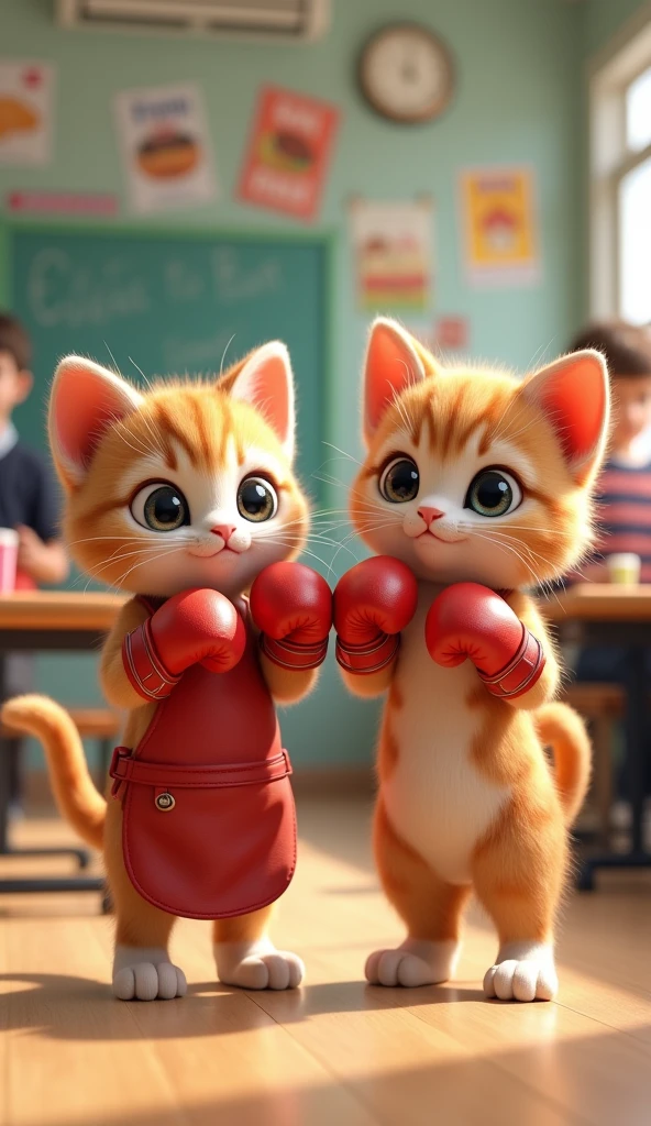 School lunch attendant,kitten　Two of them standing upright　boxing　3d