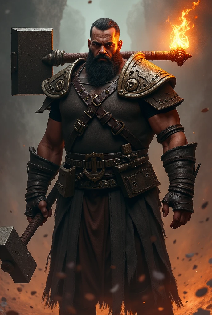Man seems to be the head of some kind of evil, challenging and insatiable group.
Tall and muscular, with a threatening presence. He wears darkened leather armor and has a scar that crosses his right eye.
Flaming torch and a huge war hammer hanging from the back.