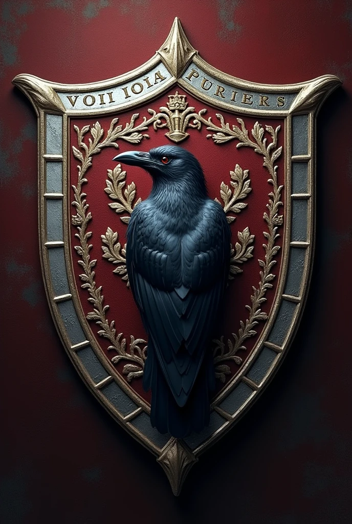 You can create a logo (shield) with a silver border, with a crow (in the center) , With outstanding embroidery with a ribbon with Renaissance letters At the top that say "Void Pioneers" in Renaissance style That the title is at the top of the shield