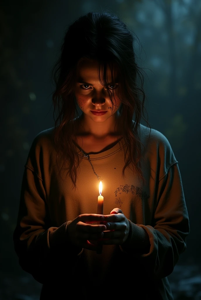 Total darkness and a ager with her face covered in dirt holds a candle in her hands while everything around her is dark