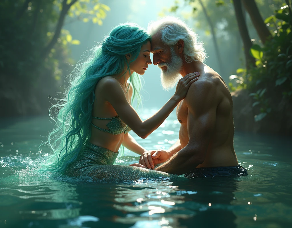 A woman looking like Iara, mermaid of Rio with an elderly man with white hair and no beard with her.