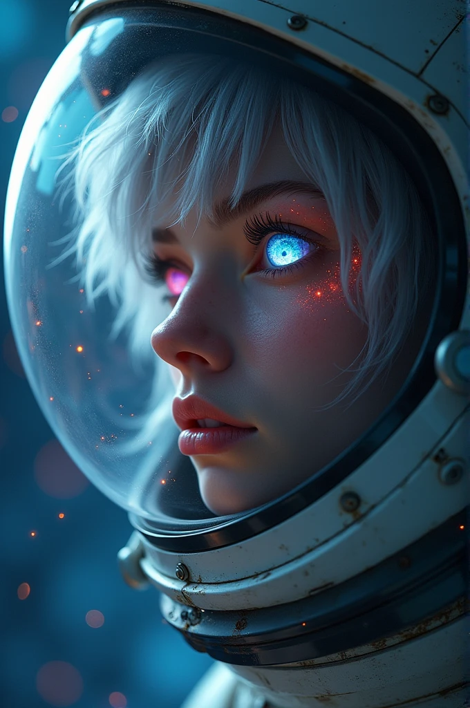 (Close-up of a better masterpiece:1.5)0.9], (Space and astronauts:1.2) (Messy silver hair:1.1) (Heterochromia xanthochromia and blue eyes:1.2) (Space Helmet:1.0) (Colored stars in the eyes:1.0) (A radiant glow:1.1) (thick lips:0.9)