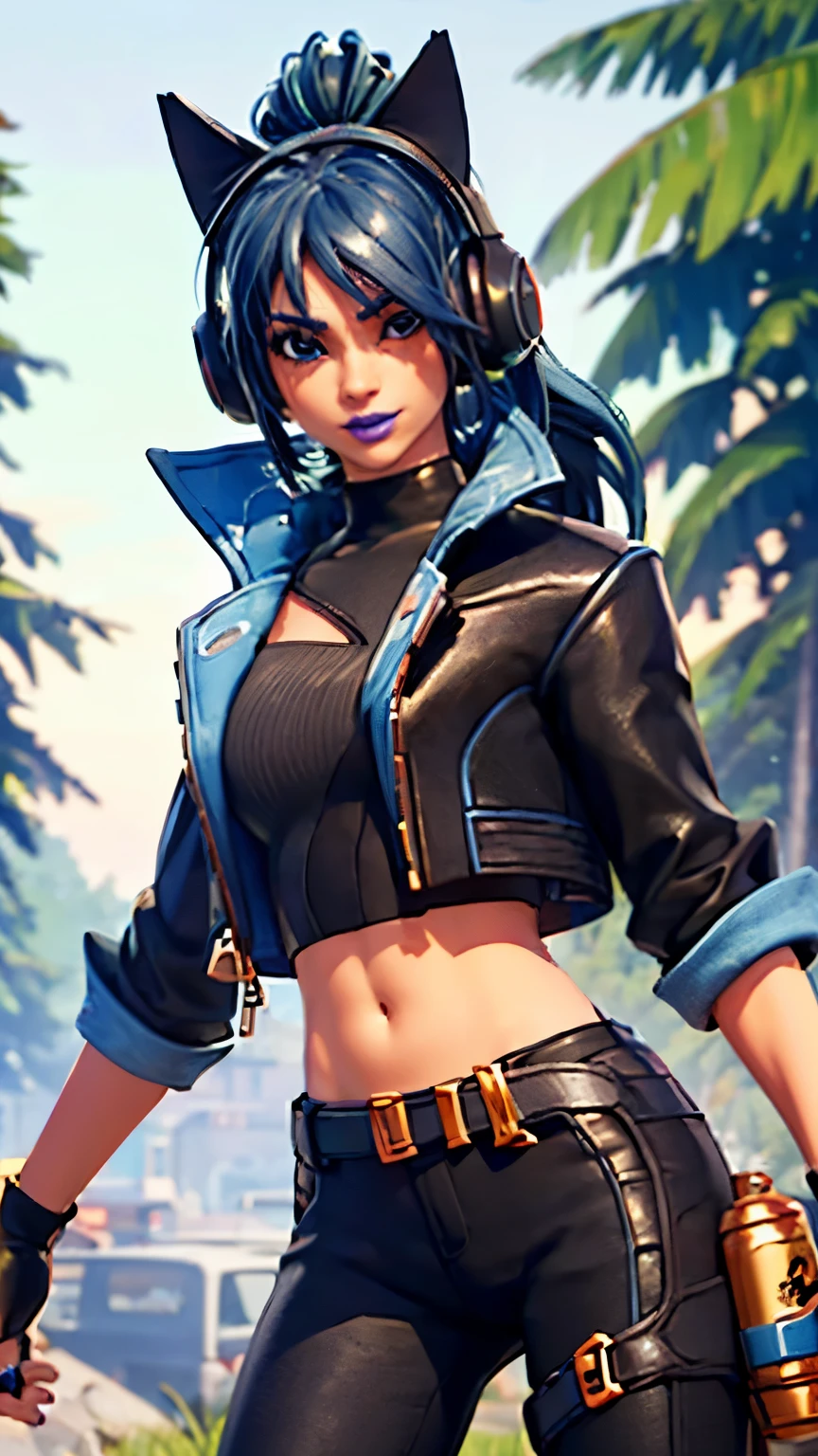 Forest background, 1girl, solo, HeroicHopeFN, Heroic Hope from fortnite, (crop top, black top, open clothes), (jacket crop top, black jacket, blue loose, jacket loose), fingerless gloves, black pants, blue belt, blue hair, ponytail, blue eyes, headphones, cat ears headphones, holster, holster spray cans, blue lips, lipsticks, smirk