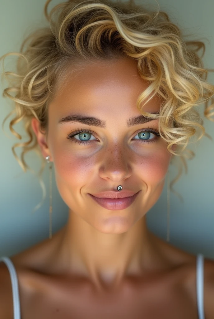 Blonde curly short hair,blue eyes,dimples and a
septum piercing!
