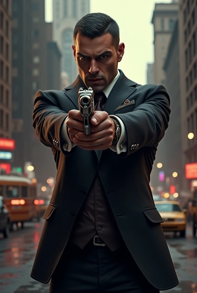 A gun in his hand, a dark-haired man with short shaved hair, a mafia man in a suit, looking like a realistic person in New York.