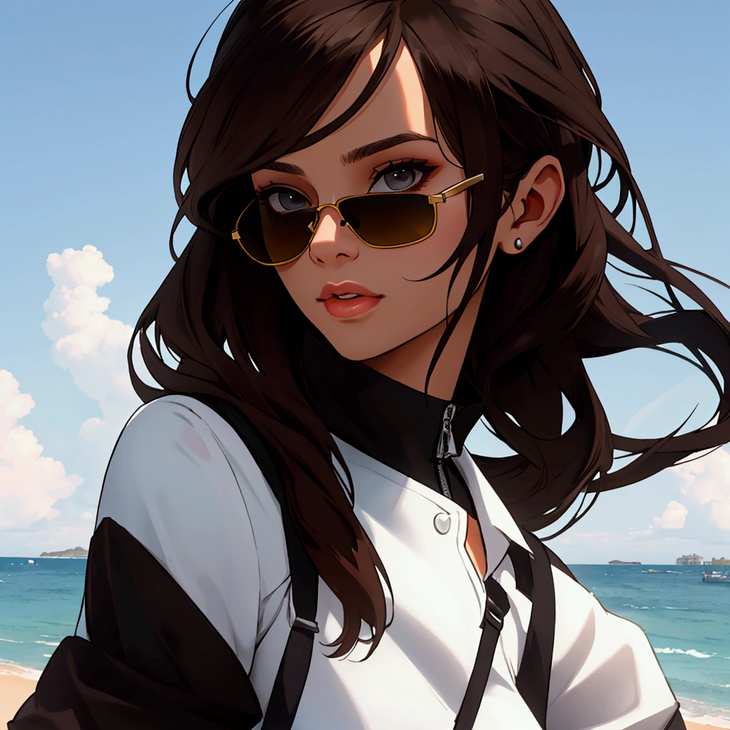 Create profile of young woman with dark brown hair, to wear black sunglasses, that the end of the head is visible