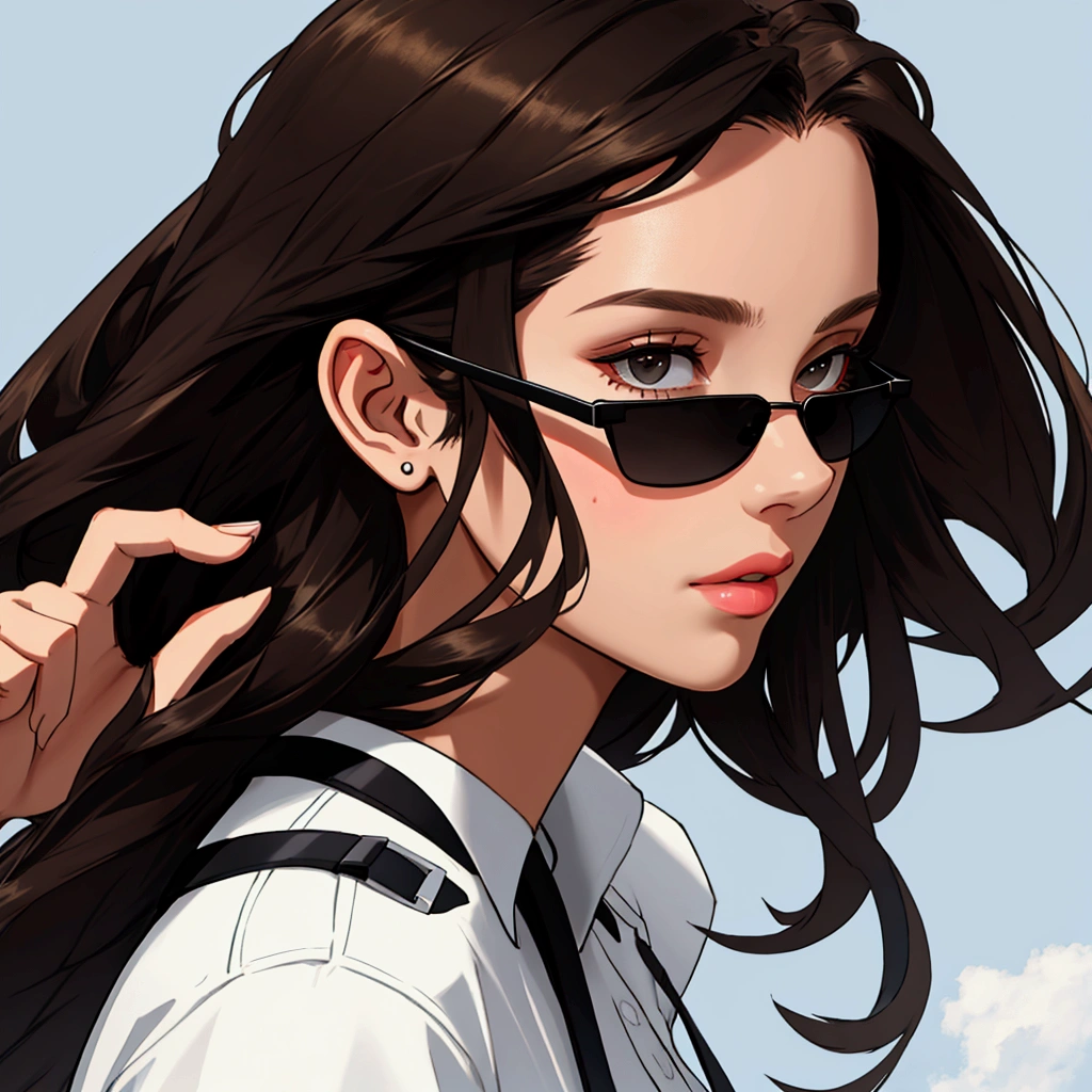 Create profile of young woman with dark brown hair, to wear black sunglasses, that the end of the head is visible