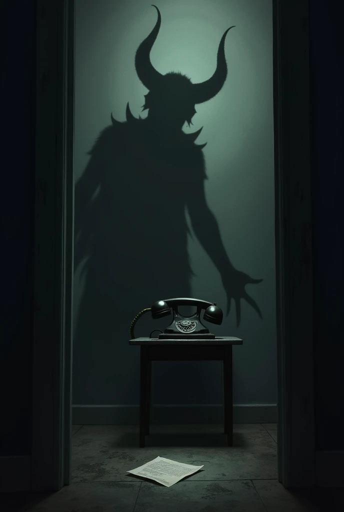 A dark room with a telephone on a small table, a shadow of a demon on the wall, and a small crumpled piece of paper on the floor. There is a gloomy atmosphere in the room.