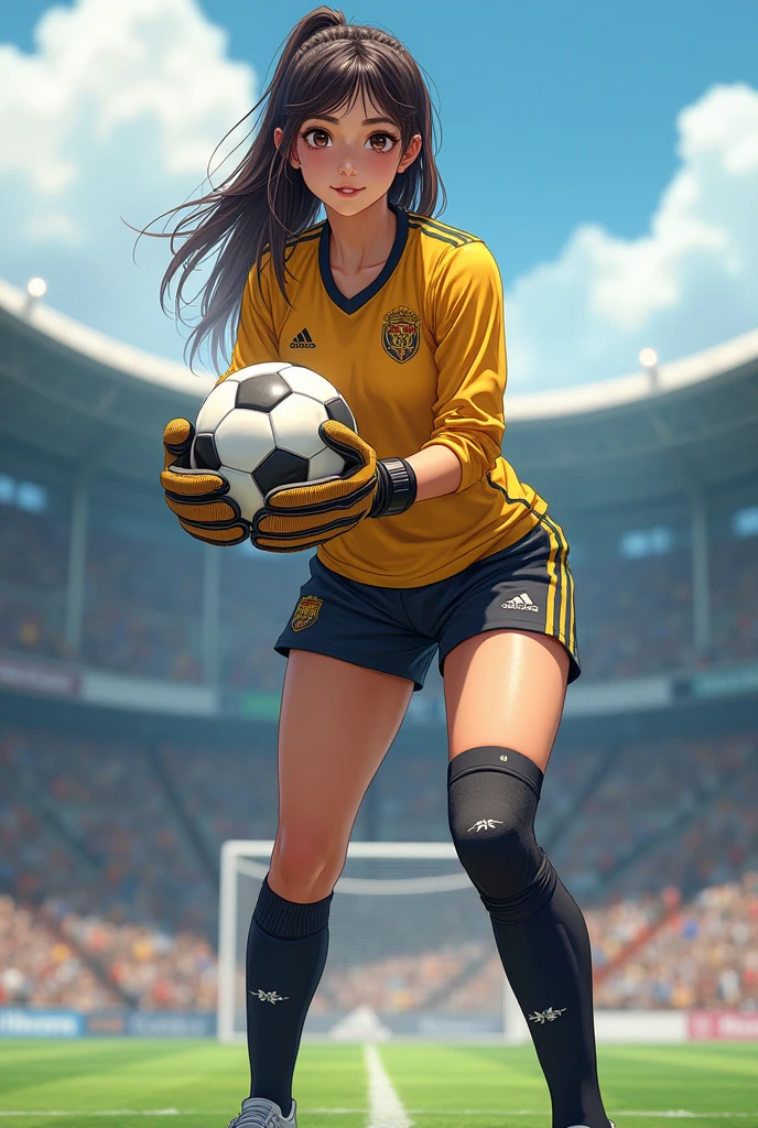 ultra HD, anatomically correcte, 8k, ultra high resolution, (((work of art))), (((best qualityer))), (((ultra detaild))), (((high resolution))), ((super fine illustration)), ((Final cutie)), detailed gorgeous face, standing alone, a girl, , tummy, (curved), medium breasts, (thick-thighs), shiny hair, glad, (ssmile), ((goalkeeper)),
break, (((buruma))), longsleeve, headband, ((mitts)), (knee brace), break, ((Hold the exposed spherical soccer ball, Linda, 6 inches with both hands)), leaning forward, (sweat), (covered in sweat), (Heavy breathing), feeling of depth, Football stadium, goal in football, looking at the viewers