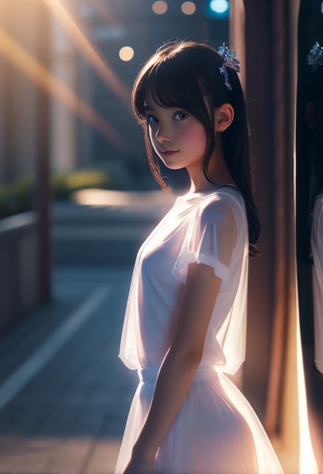 A magical girl appears from the light、Transformation effect、Thin, see-through clothing、Wide-angle shot, Sparkle Effect, Concept Art, reflected light,