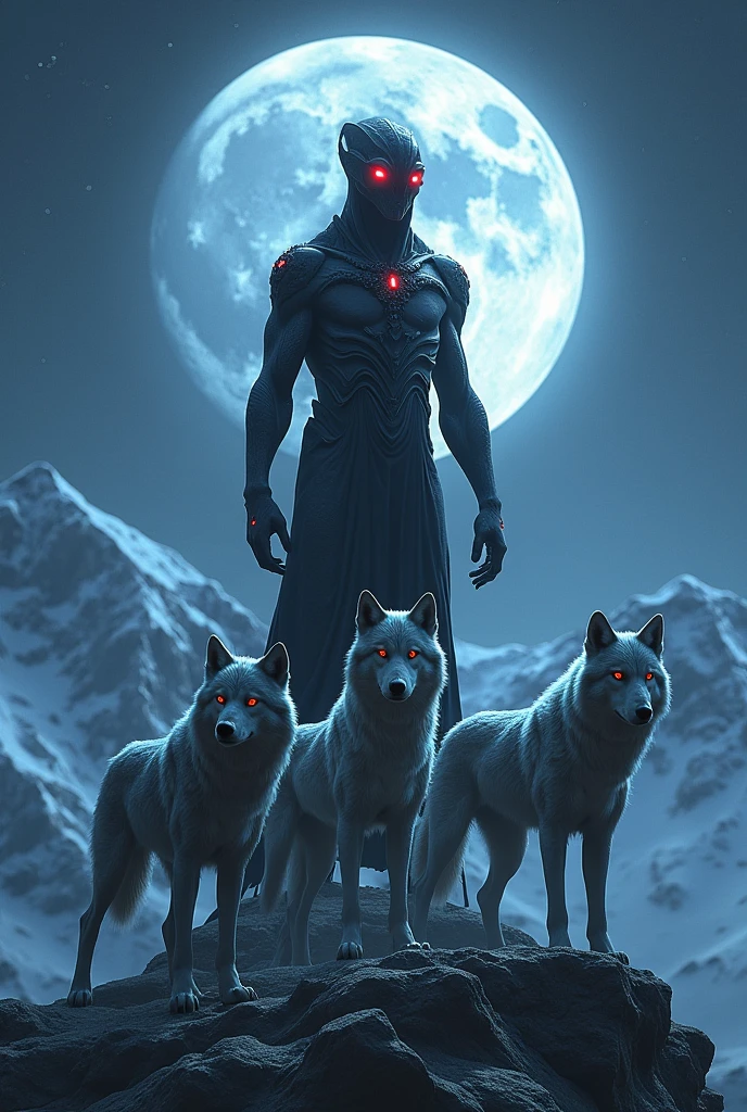 Alien with red eyes with a group of wolves on top of a mountain at night