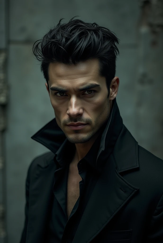 Man 1, dark shaped eyes, short black hair