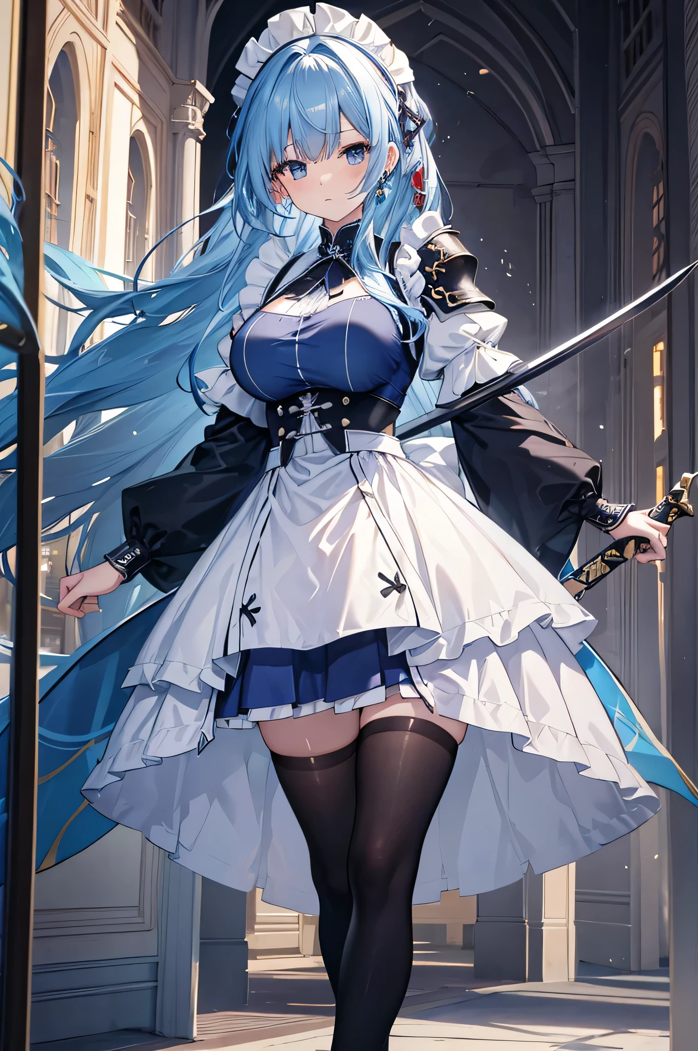 4K,High resolution,One Woman,Blue Hair,long hair,Big Breasts,maid,maid服,White plate armor,Heavy Armor,Full Armor,Black tights,White shoes,maidのカチューシャー,Jewelry decoration,Long sword,Medieval castle town