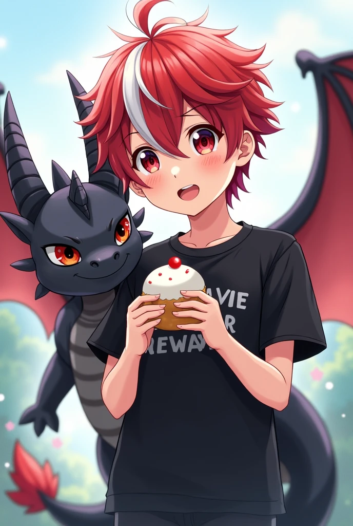 アニメ, bambin, red and white hair, éclair blanc sur les mains, t-shirt noir font noir,dragon petalon noir,corne de dragon , boy 