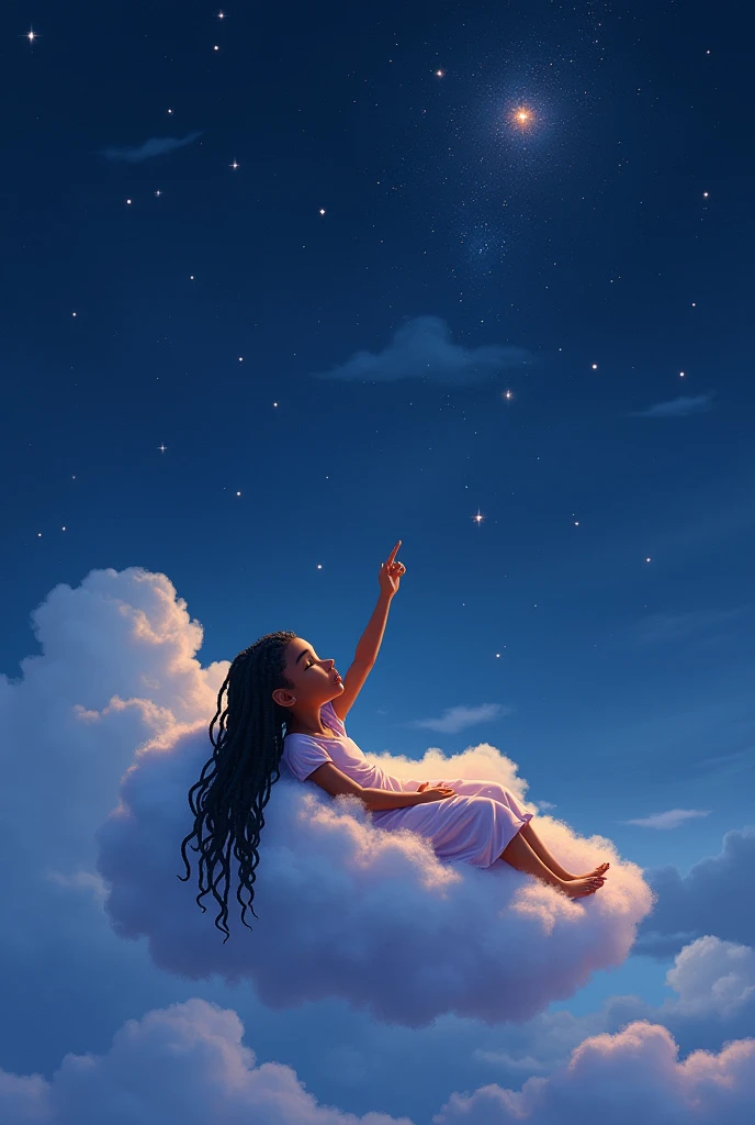  black girl sleeping on top of a cloud in the sky pointing at the stars with long black braids wearing star cloud dress 