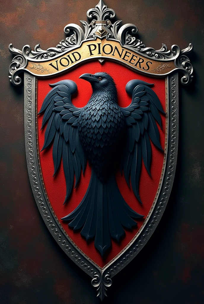 You can create a logo (shield) with a silver border, with a crow (in the center) , With outstanding embroidery with a ribbon with Renaissance letters At the top that say "Void Pioneers" in Renaissance style That the title is at the top of the shield