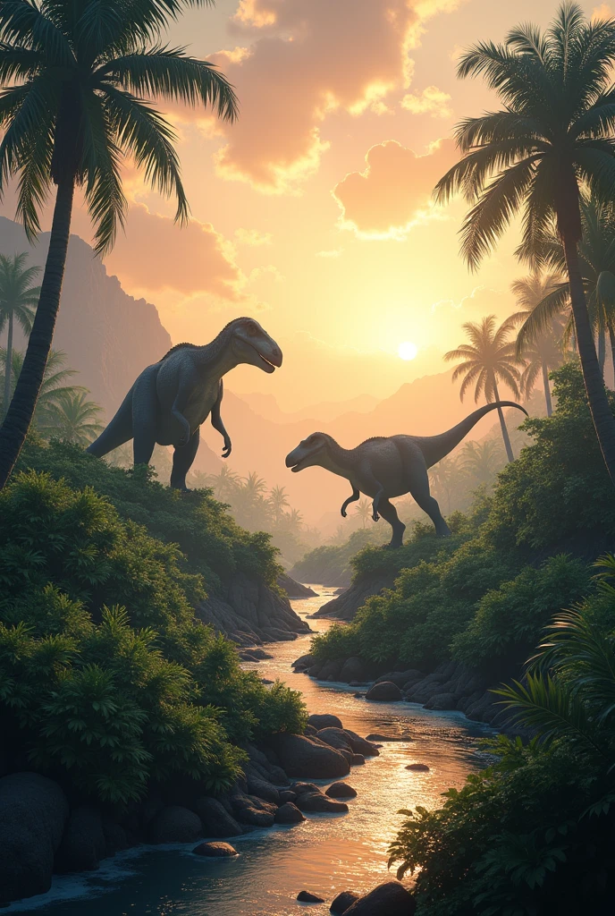 Ultra-high resolution,High-resolution details,Dinosaur Home,There are 2 dinosaurs in the distance,Vibrant colors,Bright,Depth of Field