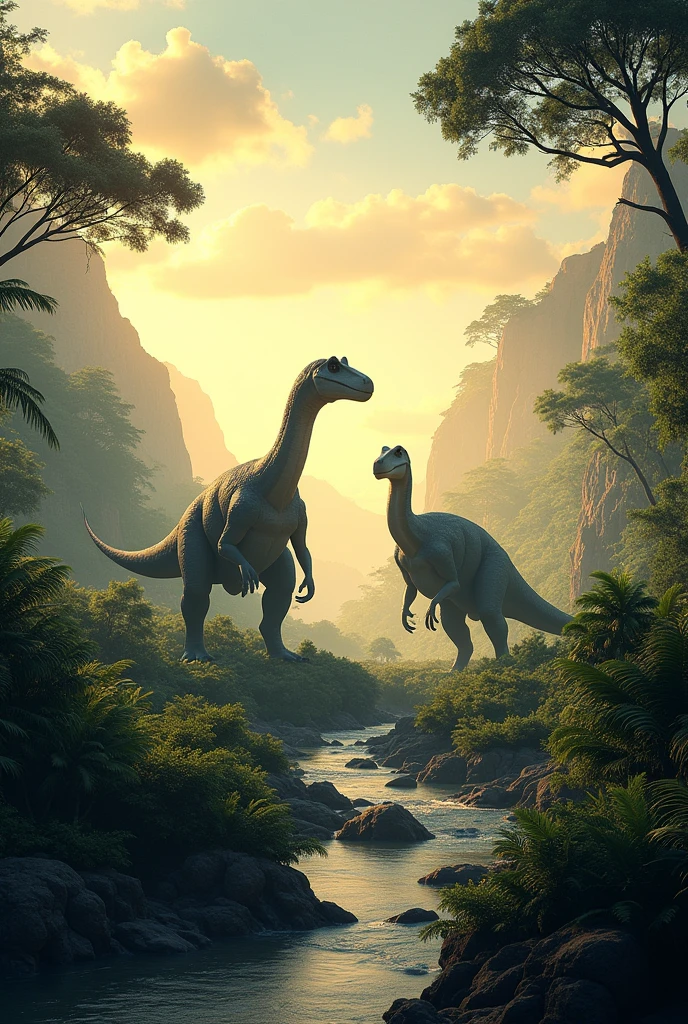 Ultra-high resolution,High-resolution details,Dinosaur Home,There are 2 dinosaurs in the distance,Vibrant colors,Bright,Depth of Field