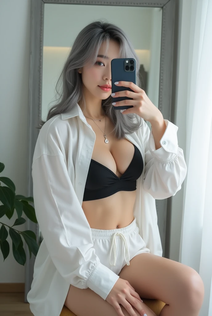 highly detailed, beautiful, hyper Realistic girl, masterpiece, best quality, Depict a mysterious and sophisticated beautiful Japanese gravure model,, 18-years-old, identity hidden, all body shot, / gray arranged hair, small head, Detailed face, cute and Pretty slim face, wide Duck mouth, perfect beautiful Tooth, arranged gray hair, shiny eyes, blue-colored eyes, Realistic skin, Detailed face, // sitting, model posing, / This fall fashion look emphasizes a relaxed yet polished style. The oversized white shirt drapes loosely over the body, creating an effortless, airy silhouette that contrasts nicely with the fitted black crop top underneath. The shirt’s exaggerated proportions add a sense of ease and movement, perfect for layering as the weather cools. The white drawstring shorts maintain the casual vibe while keeping the look cohesive and fresh. Paired with black open-toe heeled boots, the outfit balances comfort with a touch of elegance. A small black chain bag and a simple silver necklace subtly elevate the minimalist, modern aesthetic, //// simple white single room, gray frame mirror, complicated background /// takes a selfie in her room using a smartphone in front of a mirror with one hand, standing and sexy Posing, all body below shot, focus shoes, looking away from the camera,