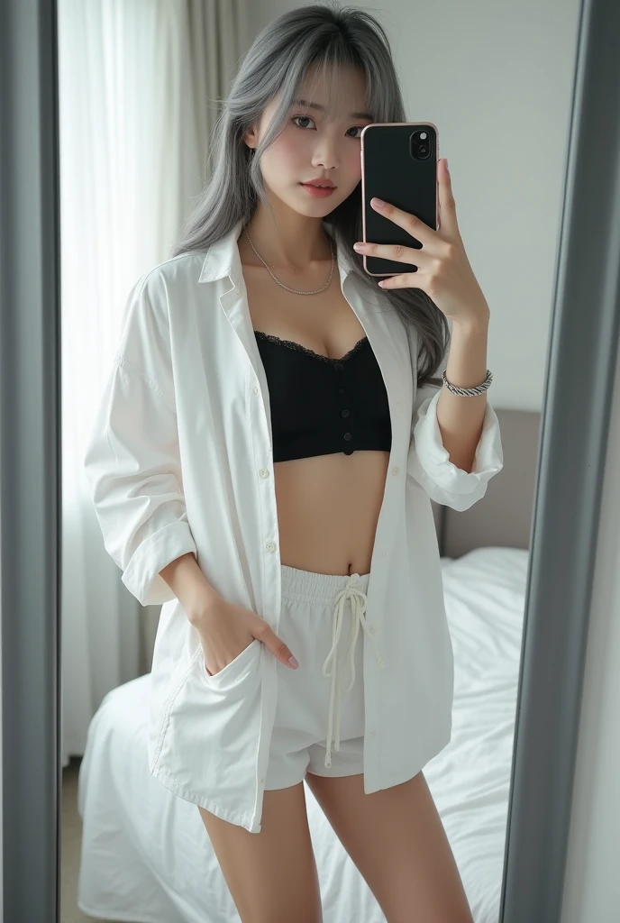 highly detailed, beautiful, hyper Realistic girl, masterpiece, best quality, Depict a mysterious and sophisticated beautiful Japanese gravure model,, 18-years-old, identity hidden, all body shot, / gray arranged hair, small head, Detailed face, cute and Pretty slim face, wide Duck mouth, perfect beautiful Tooth, arranged gray hair, shiny eyes, blue-colored eyes, Realistic skin, Detailed face, // sitting, model posing, / This fall fashion look emphasizes a relaxed yet polished style. The oversized white shirt drapes loosely over the body, creating an effortless, airy silhouette that contrasts nicely with the fitted black crop top underneath. The shirt’s exaggerated proportions add a sense of ease and movement, perfect for layering as the weather cools. The white drawstring shorts maintain the casual vibe while keeping the look cohesive and fresh. Paired with black open-toe heeled boots, the outfit balances comfort with a touch of elegance. A small black chain bag and a simple silver necklace subtly elevate the minimalist, modern aesthetic, //// simple white single room, gray frame mirror, complicated background /// takes a selfie in her room using a smartphone in front of a mirror with one hand, standing and sexy Posing, all body below shot, focus shoes, looking away from the camera,
