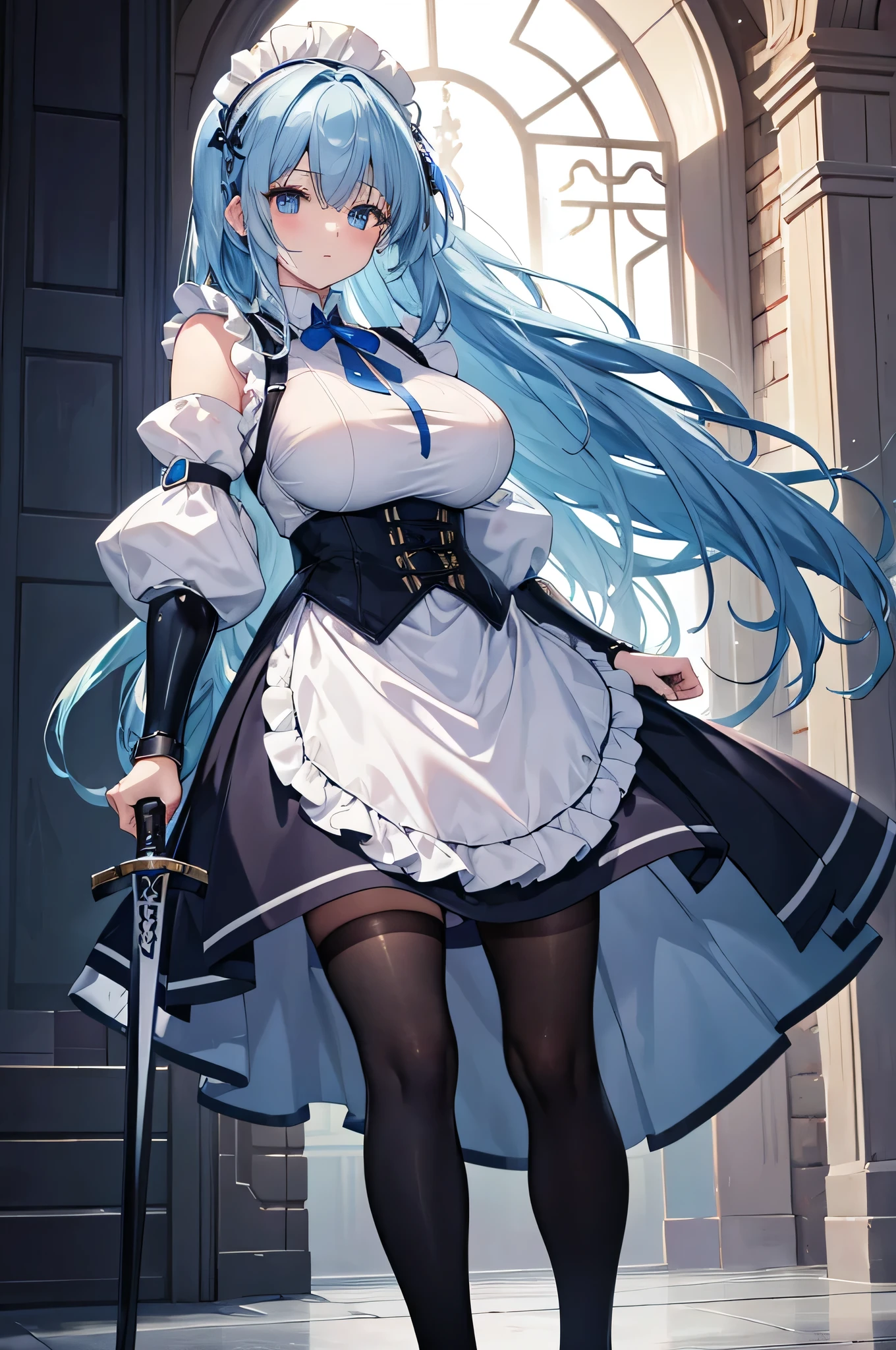 4K,High resolution,One Woman,Blue Hair,long hair,Big Breasts,maid,maid服,White plate armor,Heavy Armor,Full Armor,Black tights,White shoes,maidのカチューシャー,Jewelry decoration,Long sword,Medieval castle town