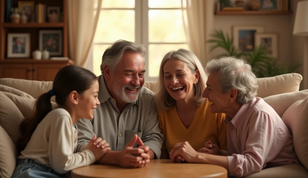 Family showing appreciation to man by laughing