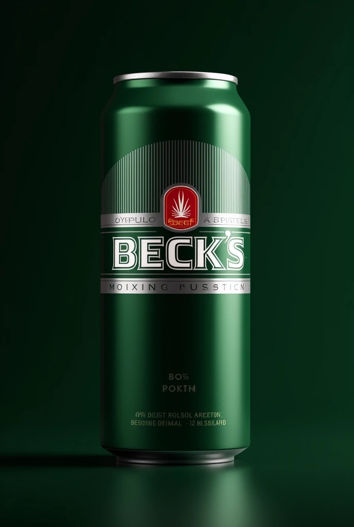create a beer can with a dark green background and a horizontal silver stripe in the middle. In the center of the strip, the Beck&#39;s logo appearing prominently. Above the logo, a subtle pattern of vertical lines in silver, and below the logo is the name “Beck&#39;s” in a clear, elegant font. The alcohol content and volume are on the bottom of the can in a small white strip.