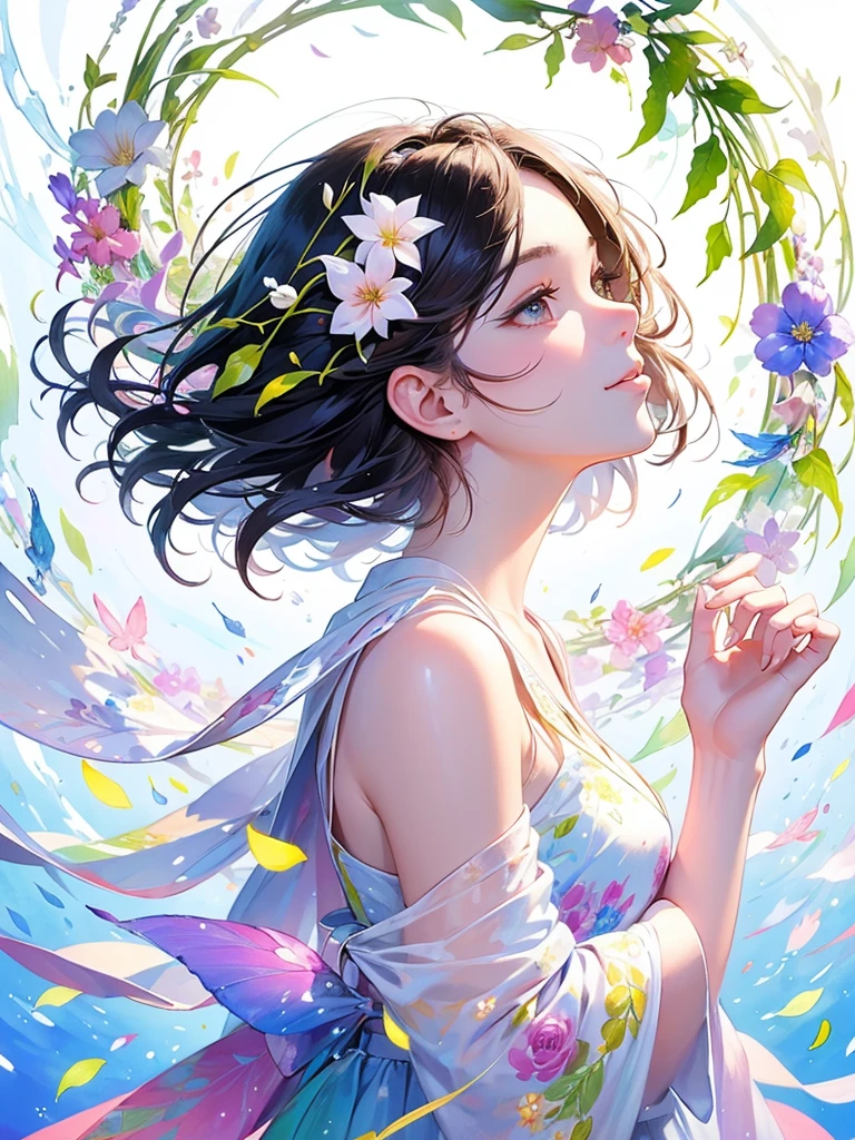 (masterpiece、Highest quality、Highest quality、Beautiful and beautiful:1.2)、Excellent anatomy、（Watercolor painting 1.5）、Long Shot、straight short hair images、Trendy Hair Color, Beautiful Face、Beautiful profile, Look up at the sky, I pray, Fairy, 蝶のFairyのコスチューム、Pure white、Pure、charm, Colorful flowers of different colors, Flower and leaf wind、Botanical Art,
