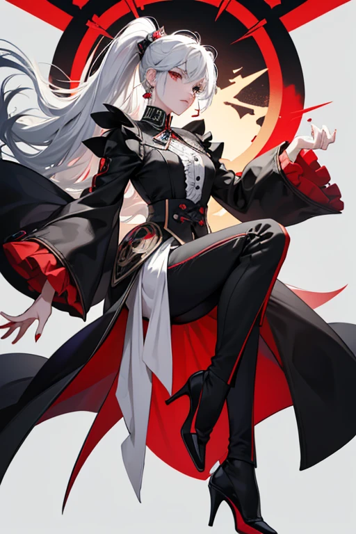 she black and white hair. Arlecchino's outfit consists of a "X"-shaped white-greyish overcoat that has long tails with a red lining, a fitted grey shirt with asymmetric tails in the front, a short white tie bearing the symbol of the Fatui in red and black, sleeves with short red-edged black ruffles, and black fitted pants that flare out just above the ankles. The skin of her hands and forearms is blackened due to her curse, with long fingernails painted red, and she wears several rings. She wears stiletto heels with a gray tone and reddish details and white "+"-shaped earrings. Her Pyro Vision is attached to the back of her overcoat at the nape of her neck. SPARKLE; GLITTER