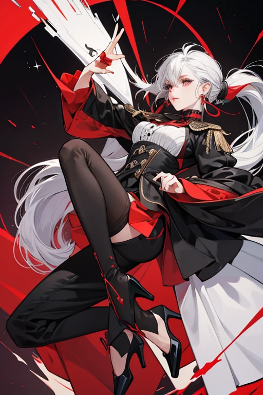 she black and white hair. Arlecchino's outfit consists of a "X"-shaped white-greyish overcoat that has long tails with a red lining, a fitted grey shirt with asymmetric tails in the front, a short white tie bearing the symbol of the Fatui in red and black, sleeves with short red-edged black ruffles, and black fitted pants that flare out just above the ankles. The skin of her hands and forearms is blackened due to her curse, with long fingernails painted red, and she wears several rings. She wears stiletto heels with a gray tone and reddish details and white "+"-shaped earrings. Her Pyro Vision is attached to the back of her overcoat at the nape of her neck. SPARKLE; GLITTER