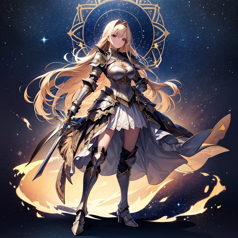 high quality,An adult woman standing alone, armored dress,Shiny and beautifully decorated armor,He holds the hilt of a beautifully decorated long sword in his hand.,Long skirt,Metal Long Boots,Shining blonde, mature female,milf,Anatomically correct, Starry sky background