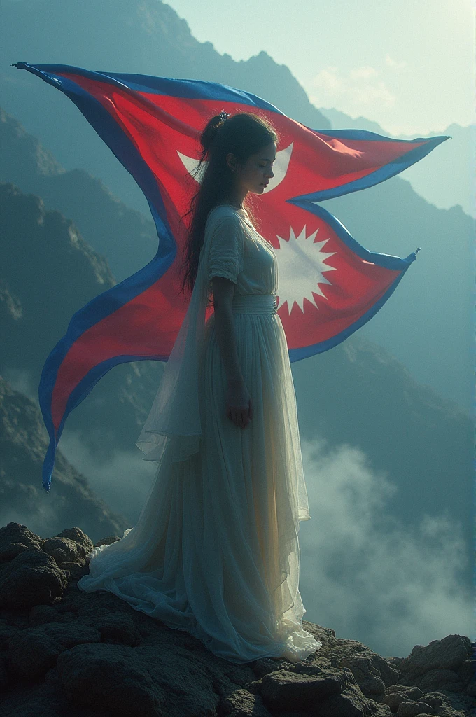 Masterpiece, ultra realistic, from ground, A picture illustrating: « my soul to take » Nepali flag in background 