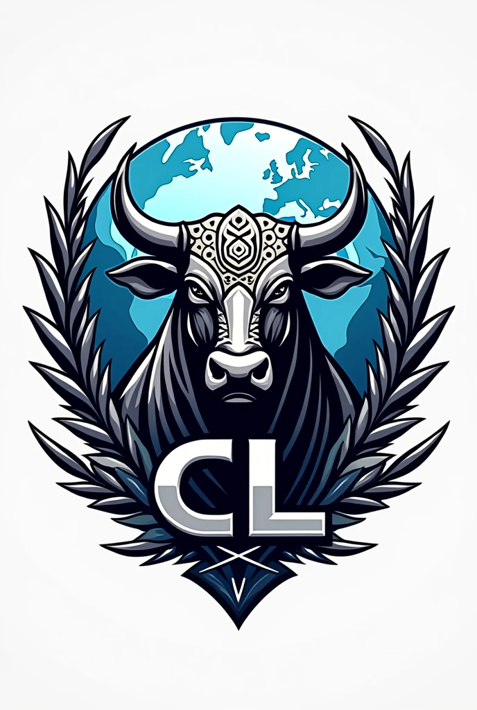 Create a logo for a logistics company, It is called Chapingo Logistics, put elements like a bull, Mexican art, A planet earth, elements of international trade. Also include the lyrics "cl". With Blue and Silver colors, and black and white. Don't forget to put all the elements. Don't forget the "cl"