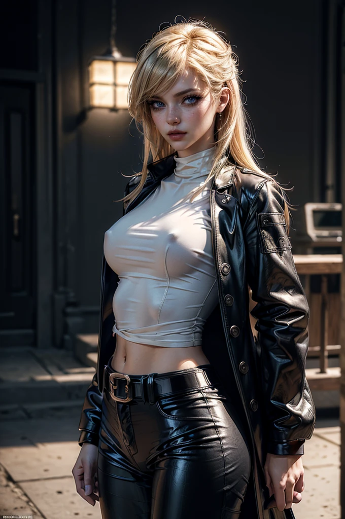 cowboy shot,a pretty 2 girl,blond hair,blue eyes,lora_Emma,slim athletic body,tight and stretched white blouse with buttons,button gap,short sleeves,ultra low rise black shiny latex pants,(double metal belt),empty studiobackground,((black coat on shoulders)),(tight sleeves),(best quality,4k,8k,highres,masterpiece:1.2),ultra-detailed,(realistic,photorealistic,photo-realistic:1.37),dramatic lighting,cinematic,fashion photography,studio lighting,high contrast,vivid colors,beautiful detailed eyes,beautiful detailed lips,extremely detailed eyes and face,long eyelashes, touching hair