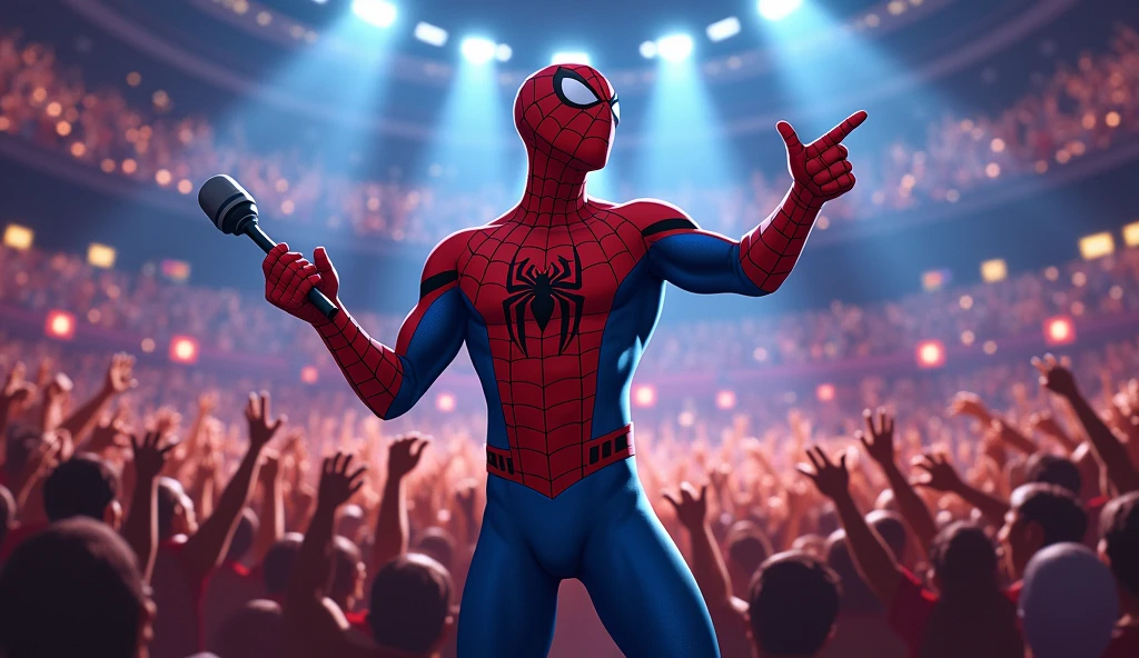 Spider-Man, with a mischievous grin, holds a microphone in one hand and points at the crowd with the other, as if conducting an imaginary orchestra. He's dressed in his classic red and blue suit, the mask slightly askew, revealing a hint of his youthful face beneath. The stage behind him is massive, bathed in vibrant spotlights that illuminate thousands of cheering fans, their faces alight with excitement. The atmosphere crackles with energy, a symphony of screams and applause, as Spider-Man prepares to belt out a song. The scene is rendered in a vibrant, cartoonish style, full of exaggerated proportions and dynamic poses, reminiscent of classic comic book art. The details are exquisite, from the intricate webbing on Spider-Man's suit to the individual expressions of the cheering crowd. The overall effect is one of exuberant joy and high-energy fun.