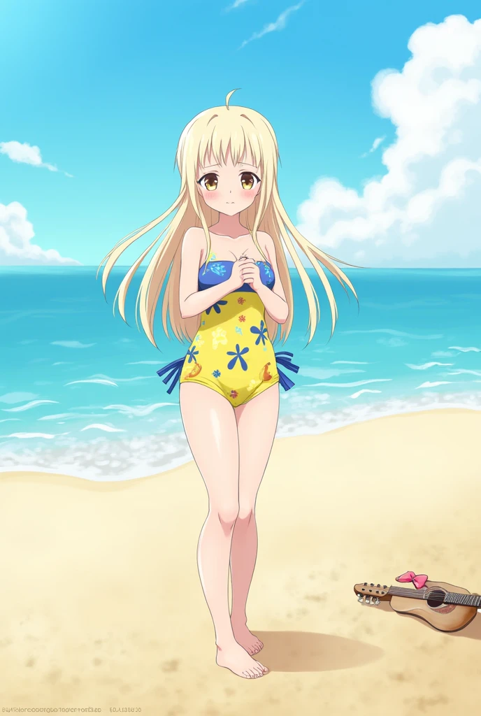 MF, 1 girl, alone, superior , smile,high angle, looking at the viewer, blush, Ahoge, nipple,pink lace panties, thighs,ponytail bow, Beach ball, sitting on the sand superior, Ocean, Sunny, perfect quality, good quality, masterpiece, HDR, Hmm 