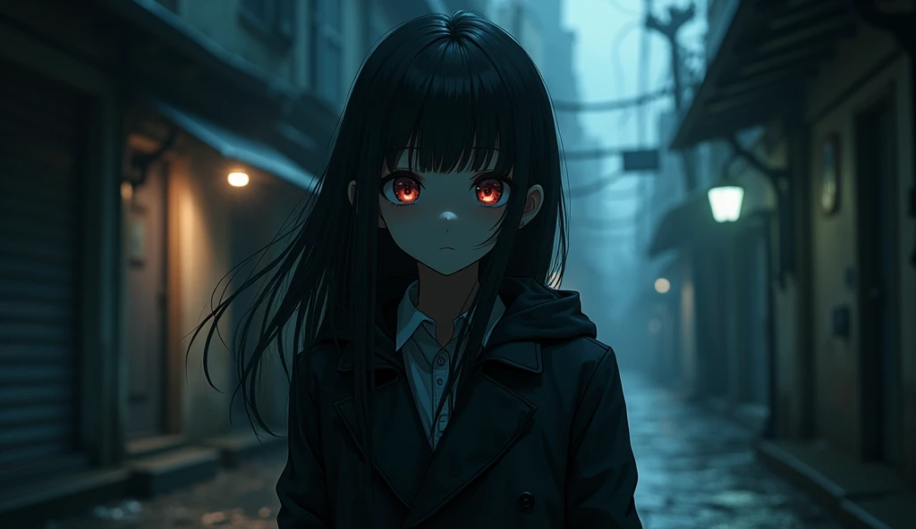 (best quality, masterpiece, ultra detailed, ultra high res, photorealistic, raw photo, absurdres, absolutely resolution), anime、woman is the main character、mysterious、Suspenseful Tone、Dark tones and shadows、A little creepy atmosphere、Surrealism、Dark fantasy、
The protagonist walks through a dark city at night。The camera closes up on her face、Capture a questioning look。