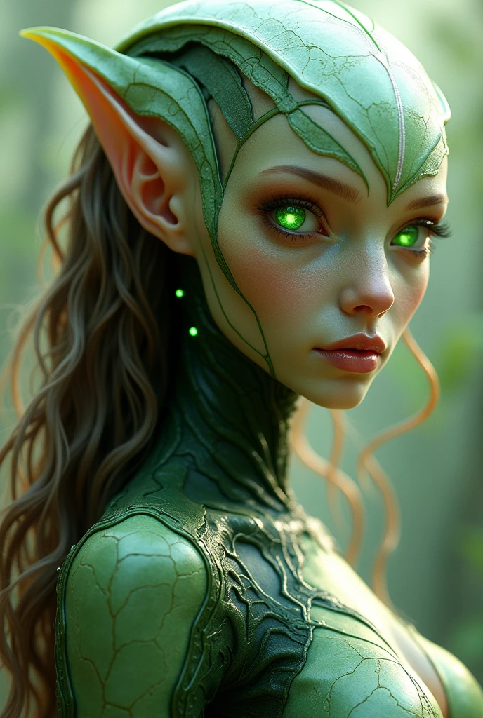 Sci-fi, (humanoid alien female, light olive skin with iridescent patches, long wavy brown hair with bio-synthetic strands, bright green eyes with reflective layer, slightly elongated face with pointed ears and subtle bioluminescence, curvy build with webbed fingers and toes, faint bioluminescent lines, wearing a bio-engineered suit mimicking plant leaves), (ethereal and otherworldly appearance, blending human and advanced traits)