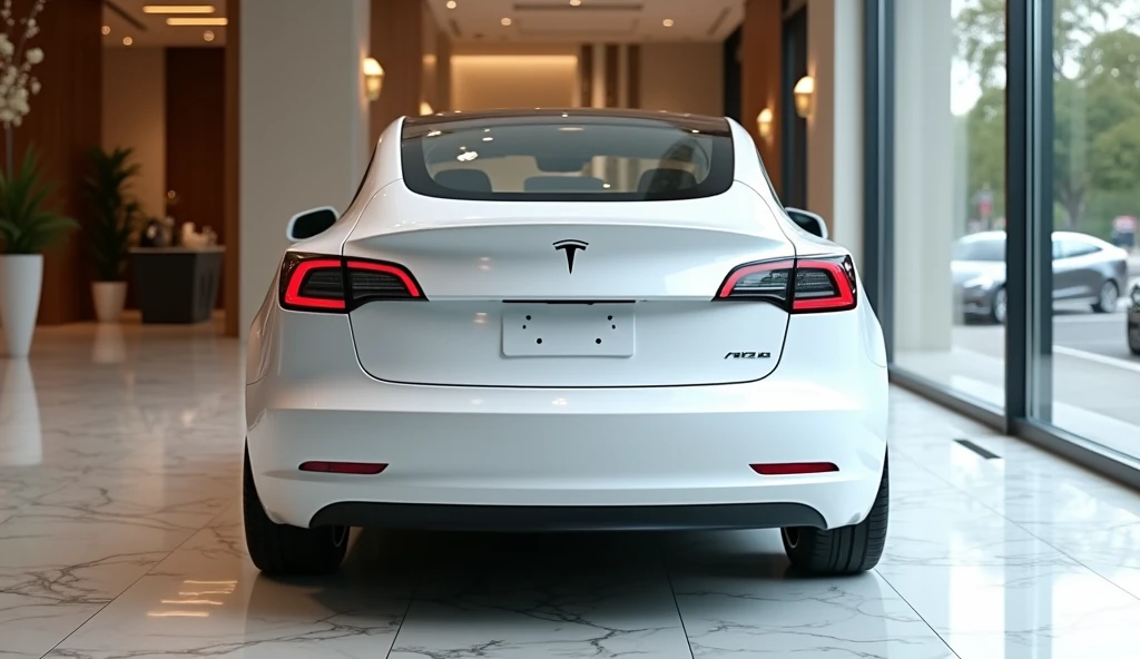 A rear view of the luxurious New 2025 Tesla Model 3 in a pristine white color, parked in an upscale showroom. The vehicle's sleek and modern design is highlighted by the clean lines of the rear, with distinctive taillights and a minimalist trunk design that exudes sophistication. The glossy white finish gleams under the showroom’s refined lighting, emphasizing the Tesla’s innovative and futuristic appeal. The showroom itself is opulent, featuring polished marble floors, expansive glass walls, and stylish decor that perfectly complements the Tesla Model 3’s premium quality and advanced technology.