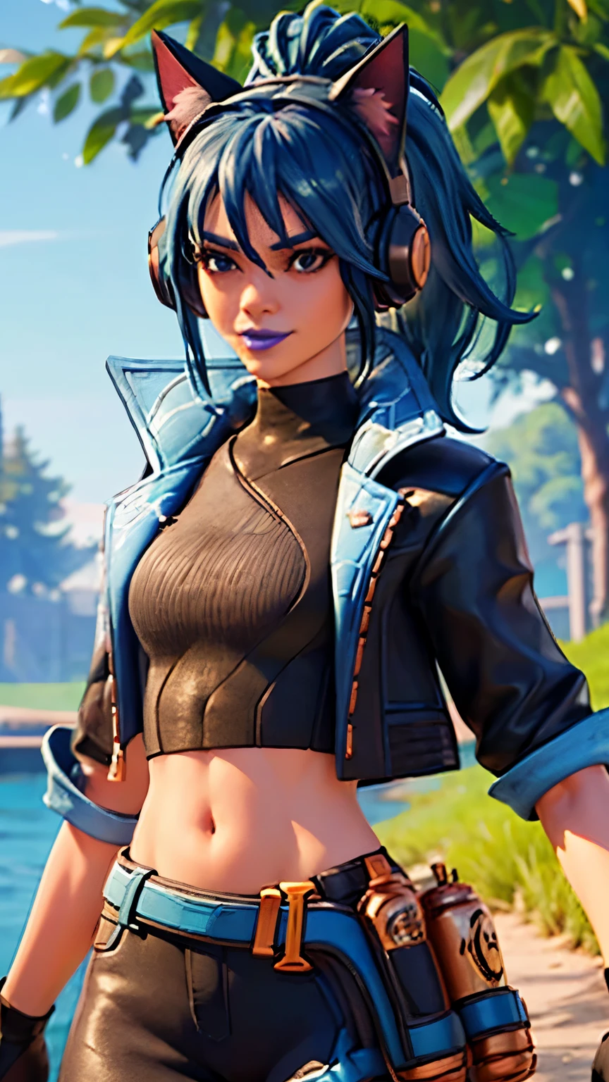 Forest background, 1girl, solo, HeroicHopeFN, Heroic Hope from fortnite, (crop top, black top, open clothes), (jacket crop top, black jacket, blue loose, jacket loose), fingerless gloves, black pants, blue belt, blue hair, ponytail, blue eyes, headphones, cat ears headphones, holster, holster spray cans, blue lips, lipsticks, smirk