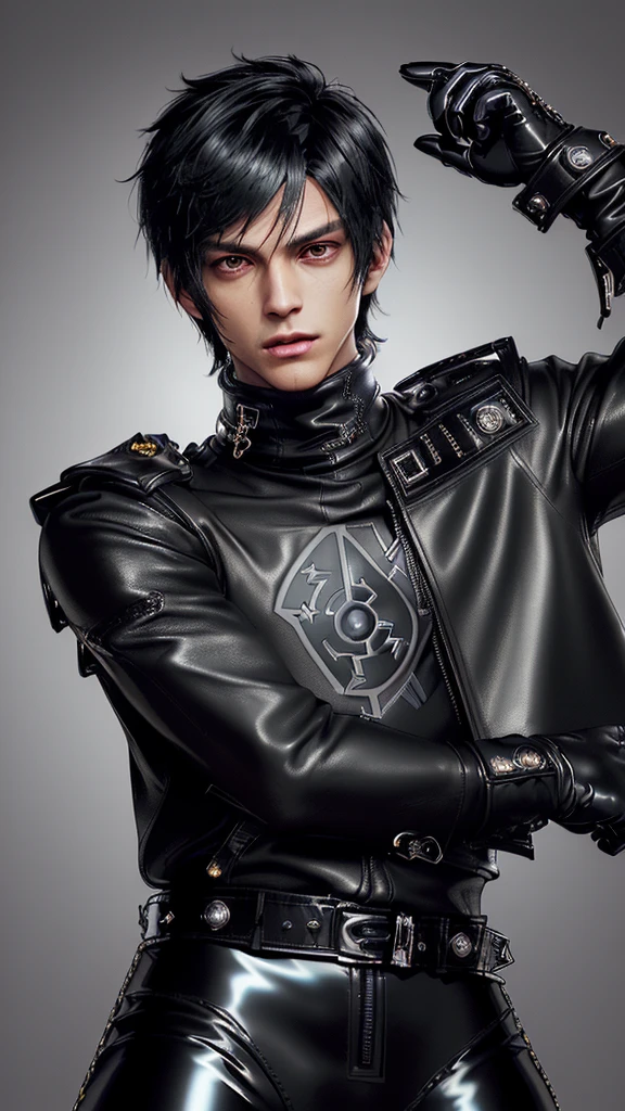 ((Final fantasy taste and reality graphics)), ((Japanese young cute and cool ikemen  boy)), his age is early 20s, thin eyebrows and beady eyes,  ((((he wearing black color and  shining brightly enamel leather thick single-brest  jacket)))), ((with epaulet)), ((enamel leather jacket close all zippers)),, ,(( jacket collar is high length stand-up collar with belts)), jacket is a little black line pattern,close the front of the jacket, (((also wearing black color turtleneck shining brightly enamel leather shirts))),  (((tight black and shining brightly enamel leather pants))), ((((shining brightly black enamel leather tight and thin glove)))), ((black color and shining brightly leather knee-high raceup boots)),head-to-toe, whole body, boy looks like fashion model,Do not show skin from the neck down,(((all his clothes are very shining)))