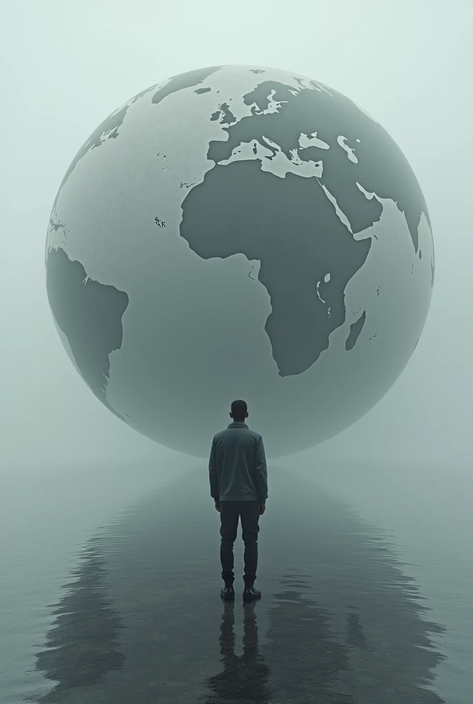 A man stands on a gray floor with water and in front of him a giant sphere that represents the world and the opportunities within it.
