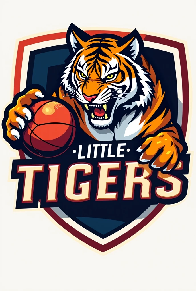 Com base no big tiger. Create a handball team shield, with the name "little tigers", where the tiger will represent the little tiger. The animal must have a handball in its hand, no people in the photo Tiger has to be angry