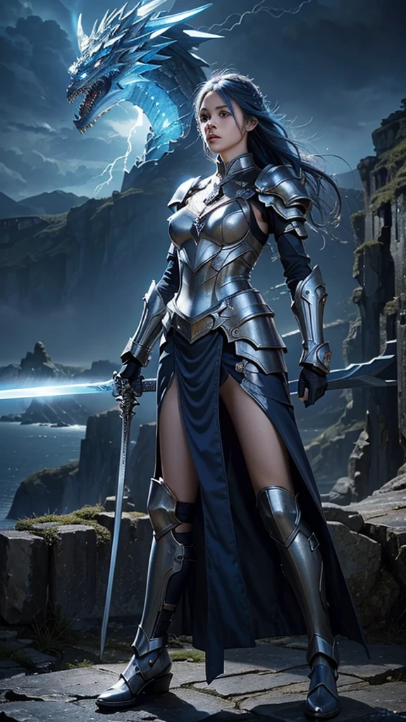 A female warrior blocking lightning from a thundercloud with her sword　Her hair is blue and long、With blue eyes、Wearing white, carved, mechanical armor。A large dragon is watching from afar。Background、Cliffs along the coastline High resolution, Anatomically correct, Highest quality, High detail, Very detailed, Ultra high definition, Textured skin, accurate, Winner of numerous awards, 