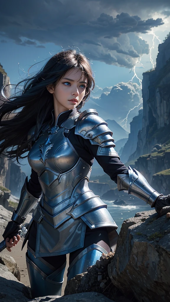 1girl, shiny armor, laughing, Subtle narrative, enigmatic atmosphere, atmospheric perspective, fluid movement, ethereal quality,solo,low fantasy,Lively Brushwork, Striking Composition, Psychedelic Imagery,